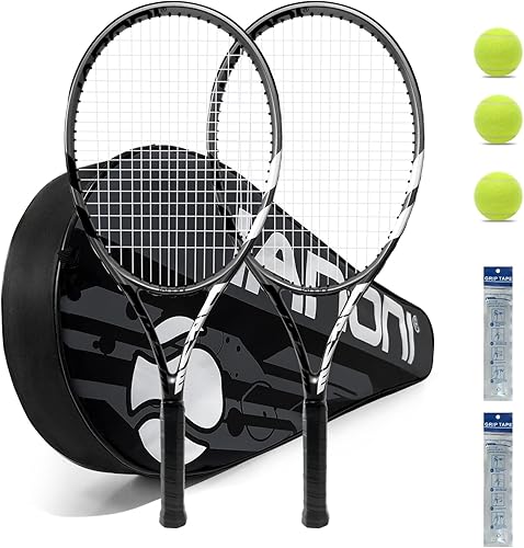 Raquetas de tenis para adultos, raquetas de tenis preencordadas de 27 pulgadas, juego de raquetas de tenis para 2 jugadores con 3 bolas, 2 agarres,