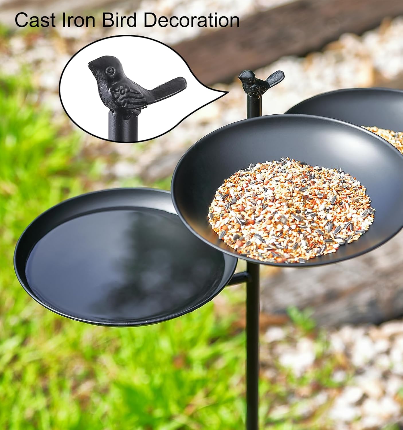 44" H Bird Bath and Feeder for Outside, 3 in 1 Metal Birdbaths for Outdoors, with 4-Prong Stake Base for Outdoors Yard Garden Patio, Black