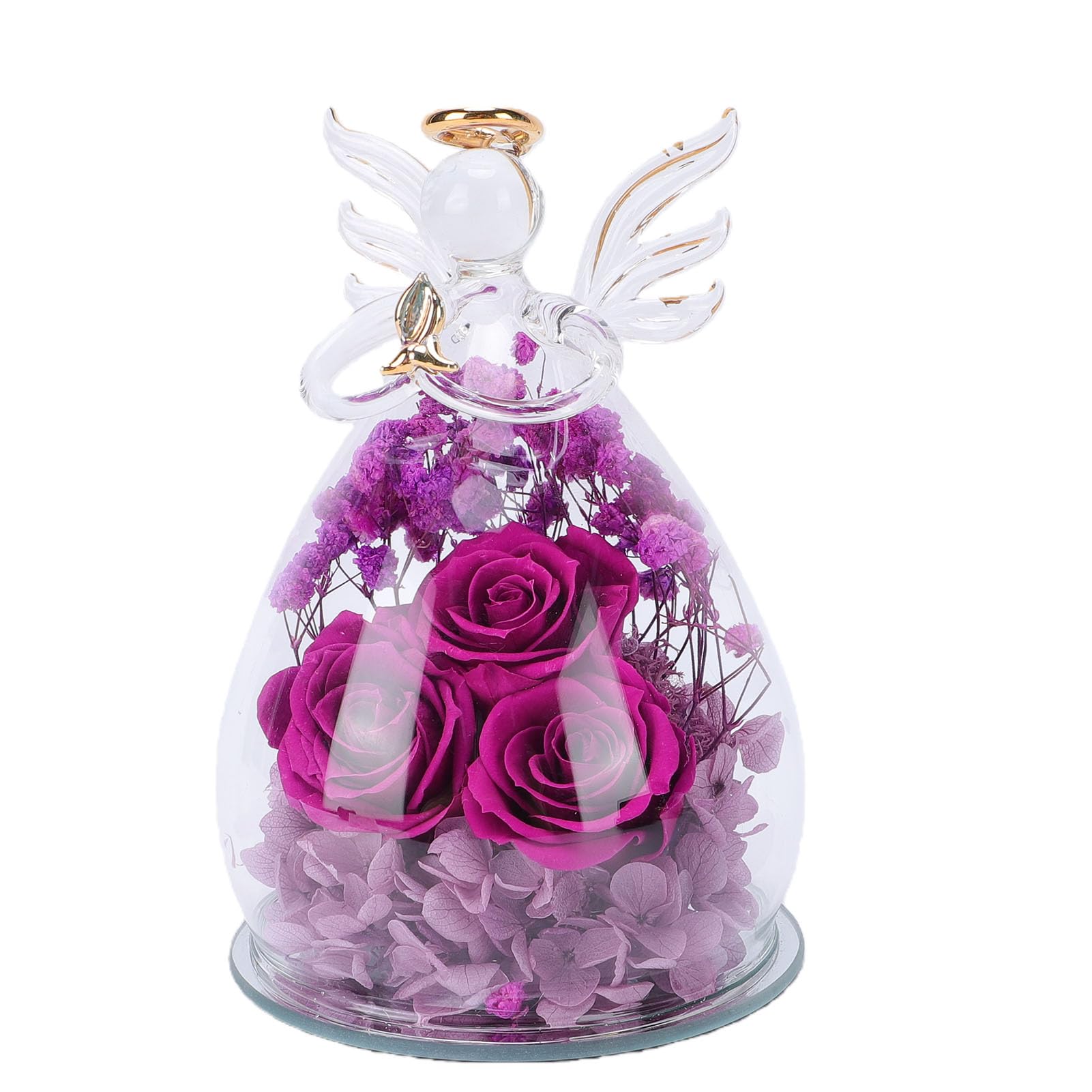 Figurina di Angelo con Fiori Conservati in Vetro, Statuetta di Rosa Eterna in Vetro, Fiori per Sempre, Rose, Regali per Donne, Mamma, Compleanno, Anniversario, Nonna, Moglie