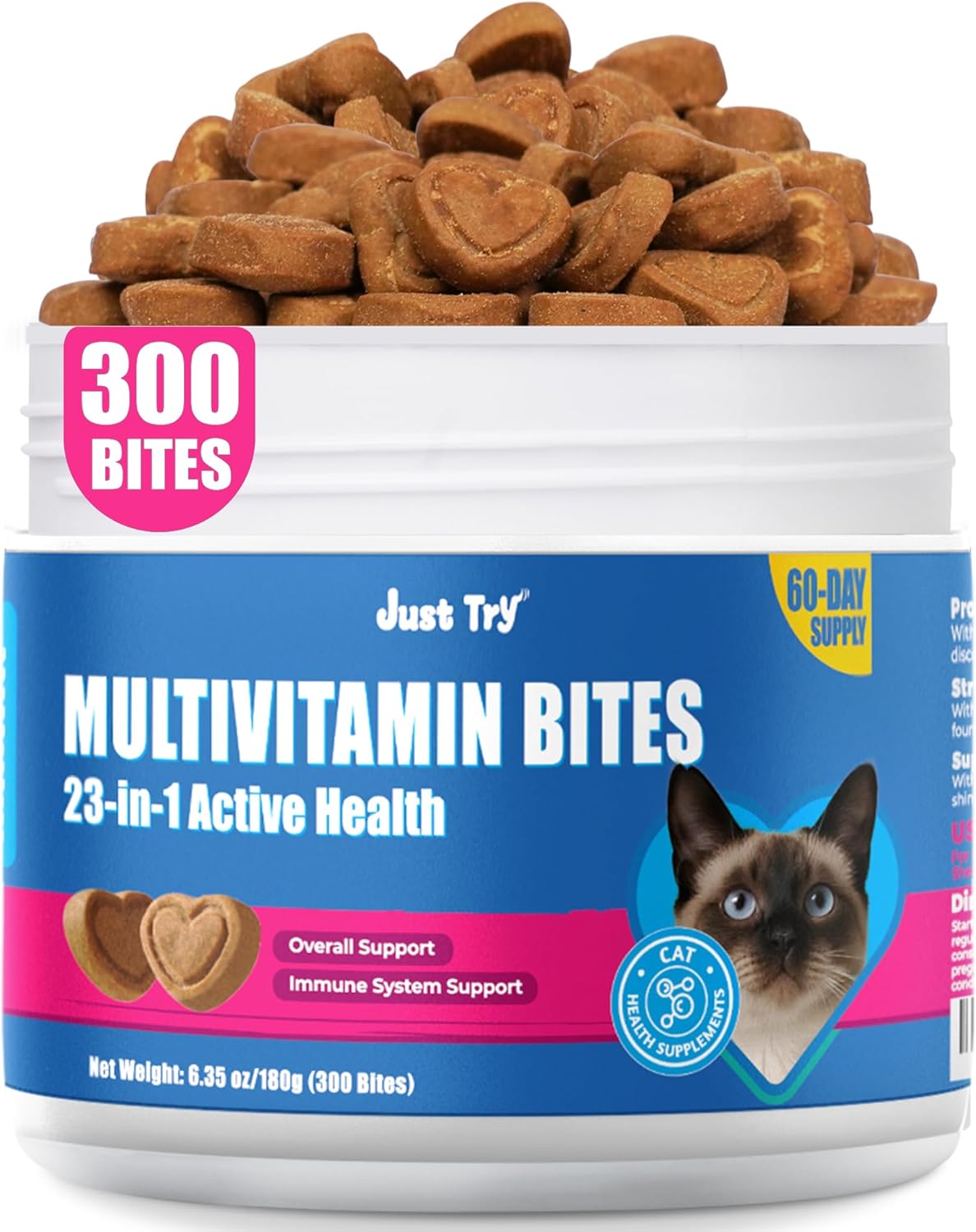 Just Try 23 in 1 Taurine for Cats Vitamins Treats with L-Lysine for Immune, Joint Support Skin & Coat & Heart Health – Multivitamin, Omega 3, Biotin Supplements for Indoor & Senior Cats – 300 Bites