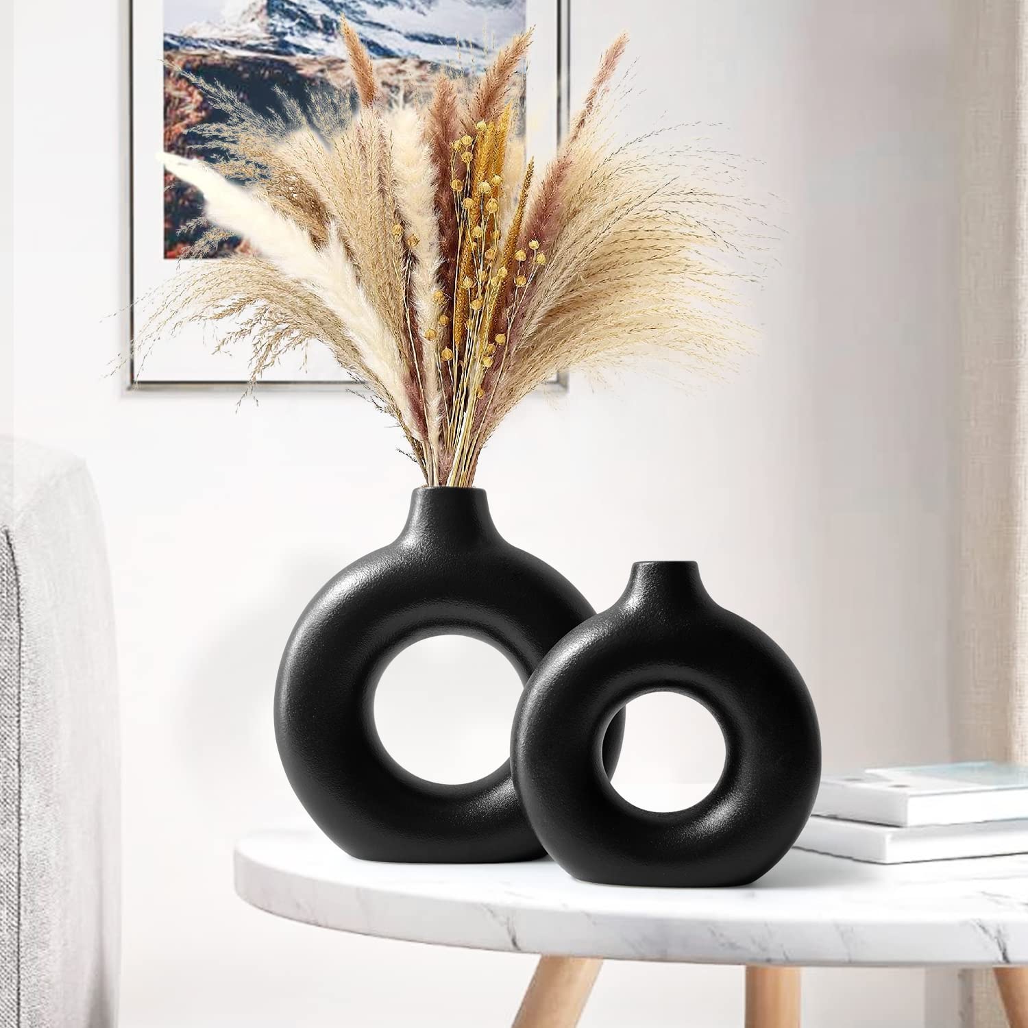 HEWEGO 2-Pack Black Ceramic Vases,Black Vase for Flowers and Pampas Grass,Modern Circle Donut Vases for Home Decor, Boho Flowers Vase for Living Room,Kitchen,Bedroom Dresser Bookshelf(Black)