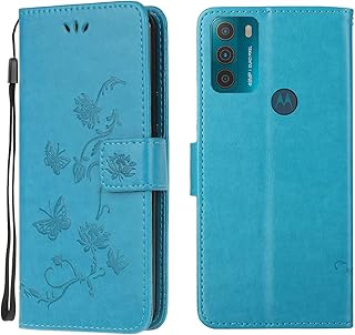 Phone Case for Motorola Moto G30 / Moto G10, Flip PU Leather Notebook Wallet Card Holder Protective Cover Lotus Butterfly Embossed with Magnetic Kickstand TPU Bumper Shockproof Case, Blue