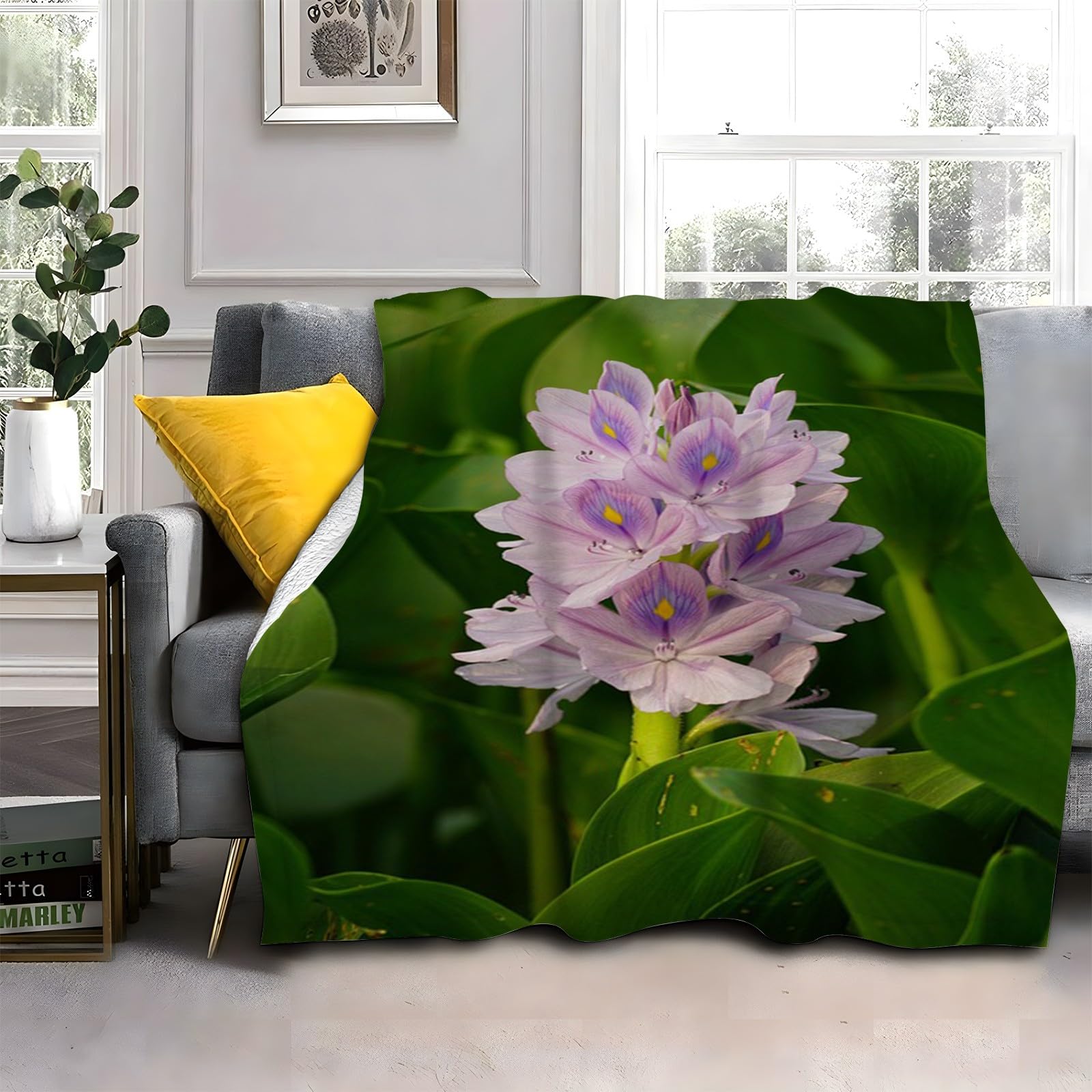 Plaid épais 180x200 cm couverture polaire thermique à motif fleurs violettes