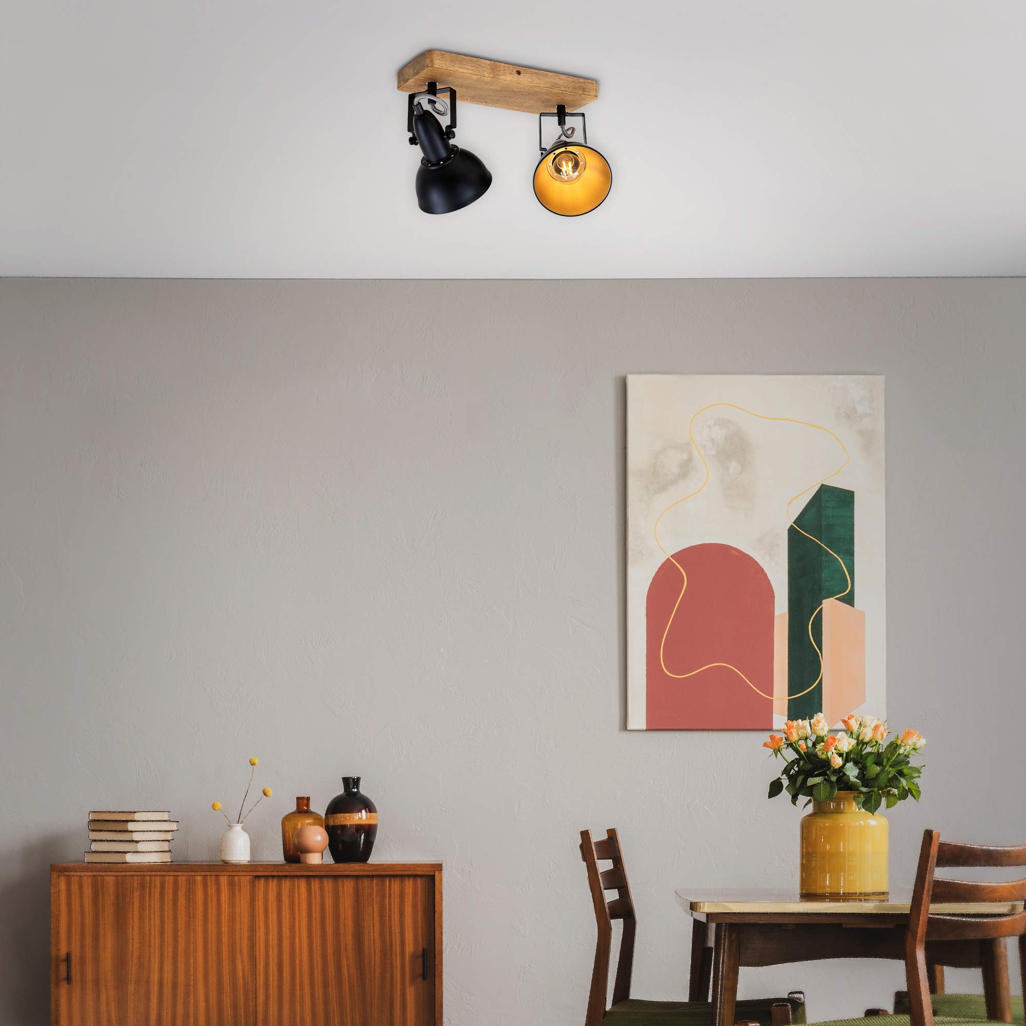 Briloner Leuchten - Luminaire à spots, spot plafonnier rétro, éclairage plafonnier vintage, spots pivotants et orientables, 2x E14, maximum 25 Watt, métal et bois, noir et doré, 280x110x157mm (LxlxH)
