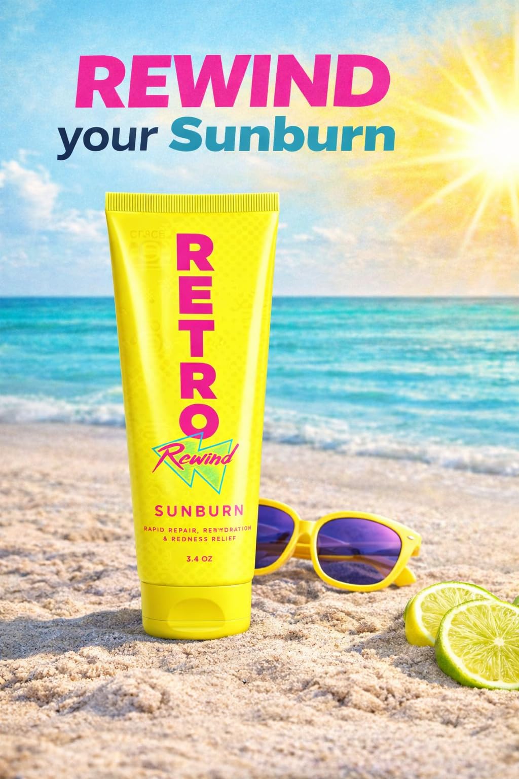 RETRO Rewind Sunburn After Sun Creme, schnelle Reparatur und Linderung von Rötungen, Gelb, 96 ml, Reisegröße, feuchtigkeitsspendende Feuchtigkeitscreme für sonnengeschädigte Haut