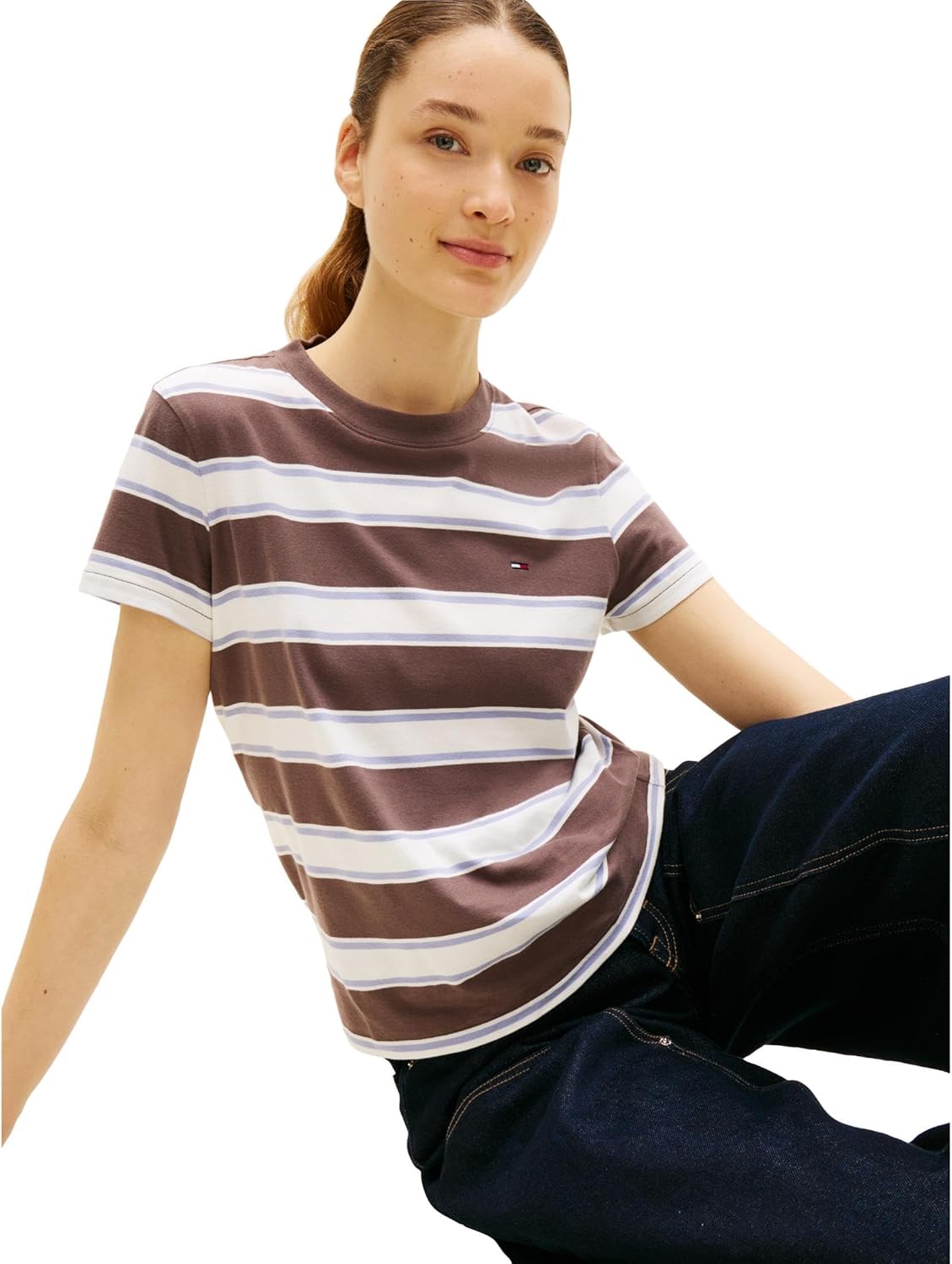 Tommy Jeans Womens Short Sleeve Cotton Striped T-Shirts with Embroidered Flag Logo - Image 2
