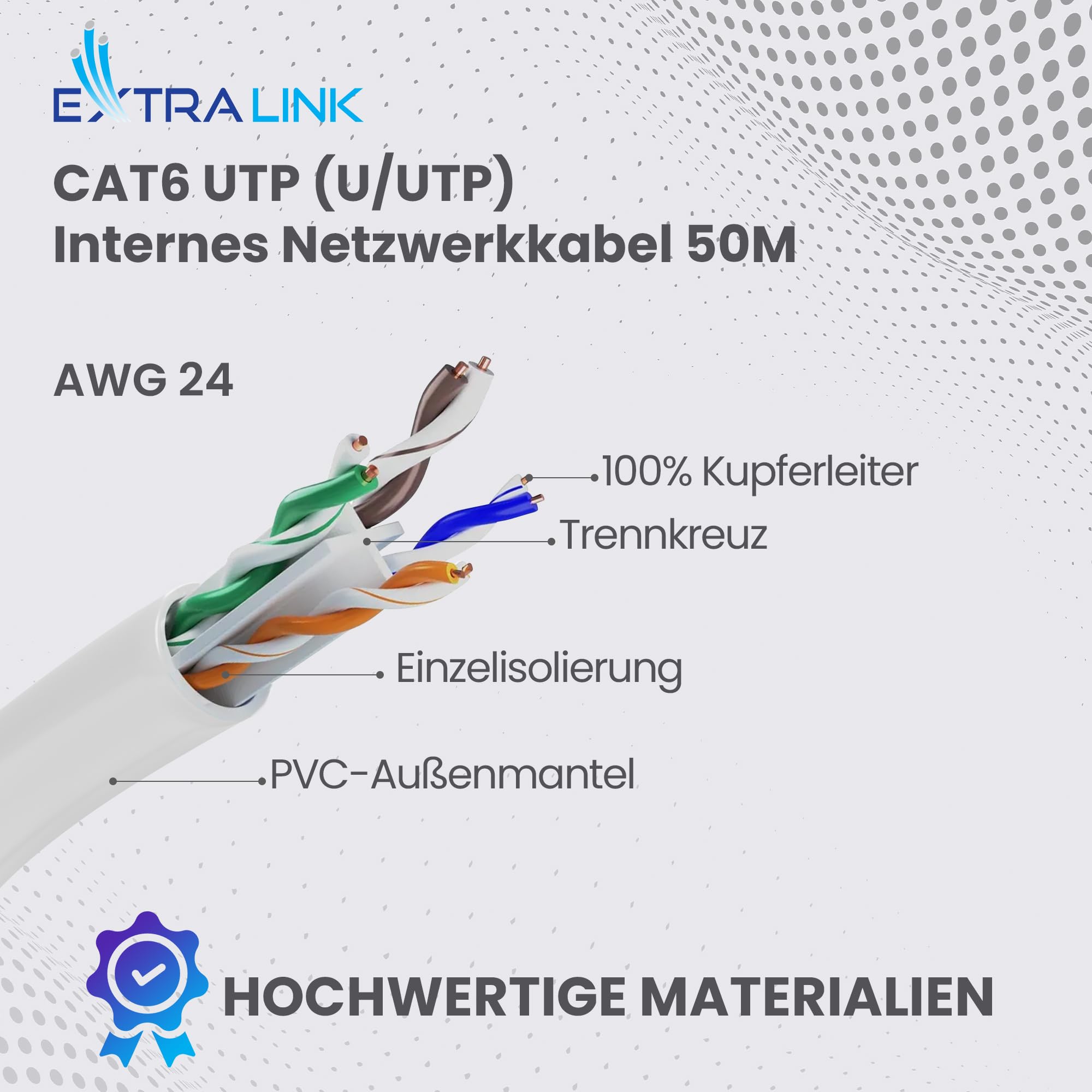 EXTRALINK 50M CAT6 Netzwerkkabel LAN Verlegekabel Innenbereich – 100% Kupfer U/UTP, PVC Mantel, bis 1 Gbit/s, PoE geeignet, flexibel & zuverlässig, ideal für Heimnetzwerke & Büros