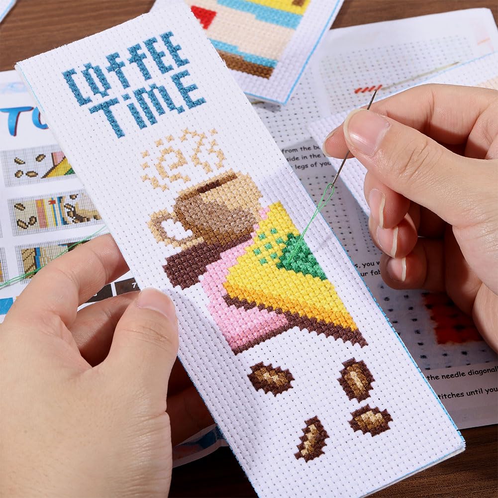 ORIGACH Kit di 6 segnalibri a punto croce per adulti principianti, caffè e libri, kit di segnalibri da ricamo con istruzioni per principianti, kit fai da te per amanti dei libri