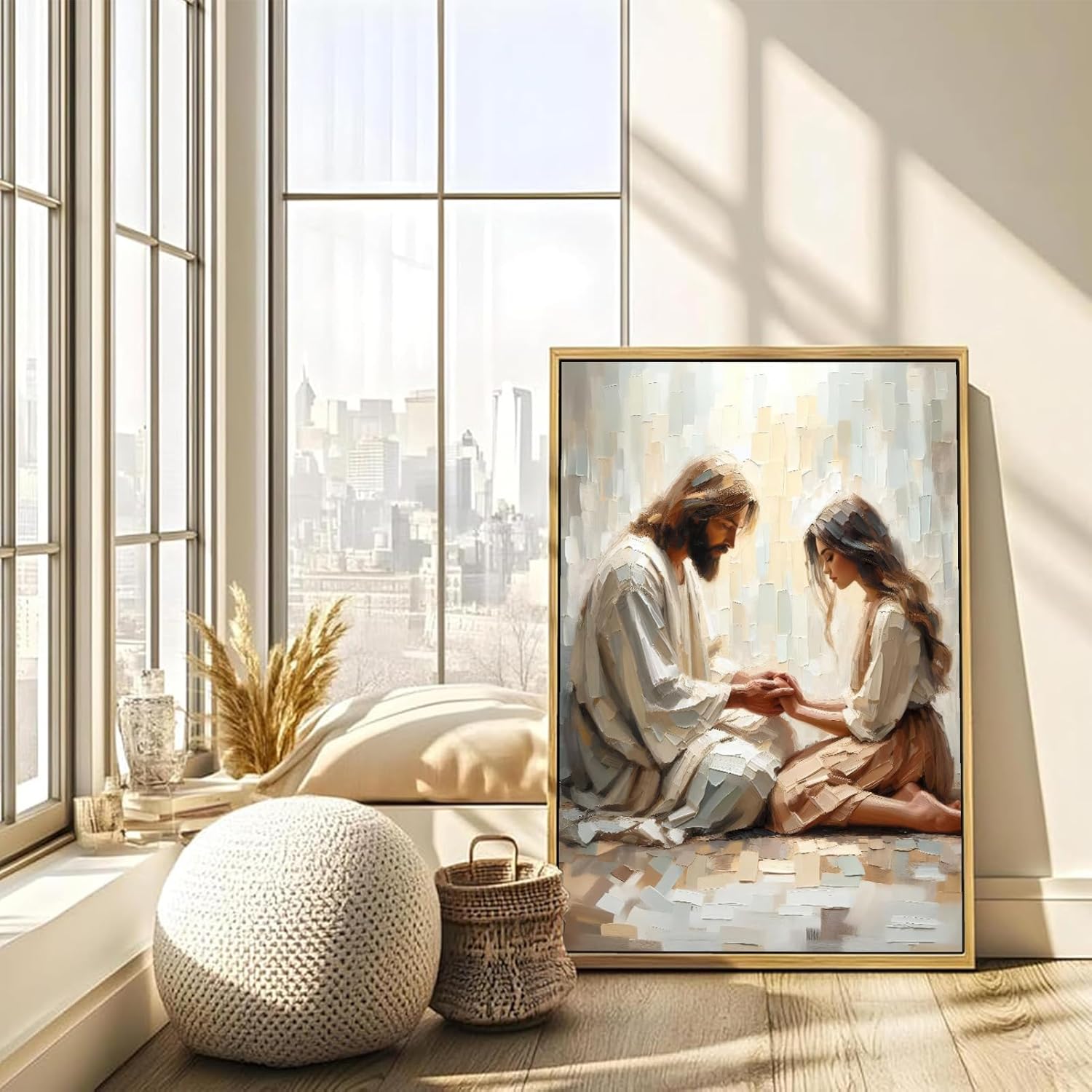 Jesus Wall Art Jesus and Woman Praying Painting Picture Wall Decor Christian Bible Story Poster Print Artwork for Living Room Bedroom Church Home Decoration 12x16in Frame