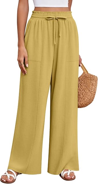 Huukeay Womens Linen Wide Leg Pants, High Waist Flowy Palazzo Pants with Pockets Drawstring Summer Casual Work Trousers