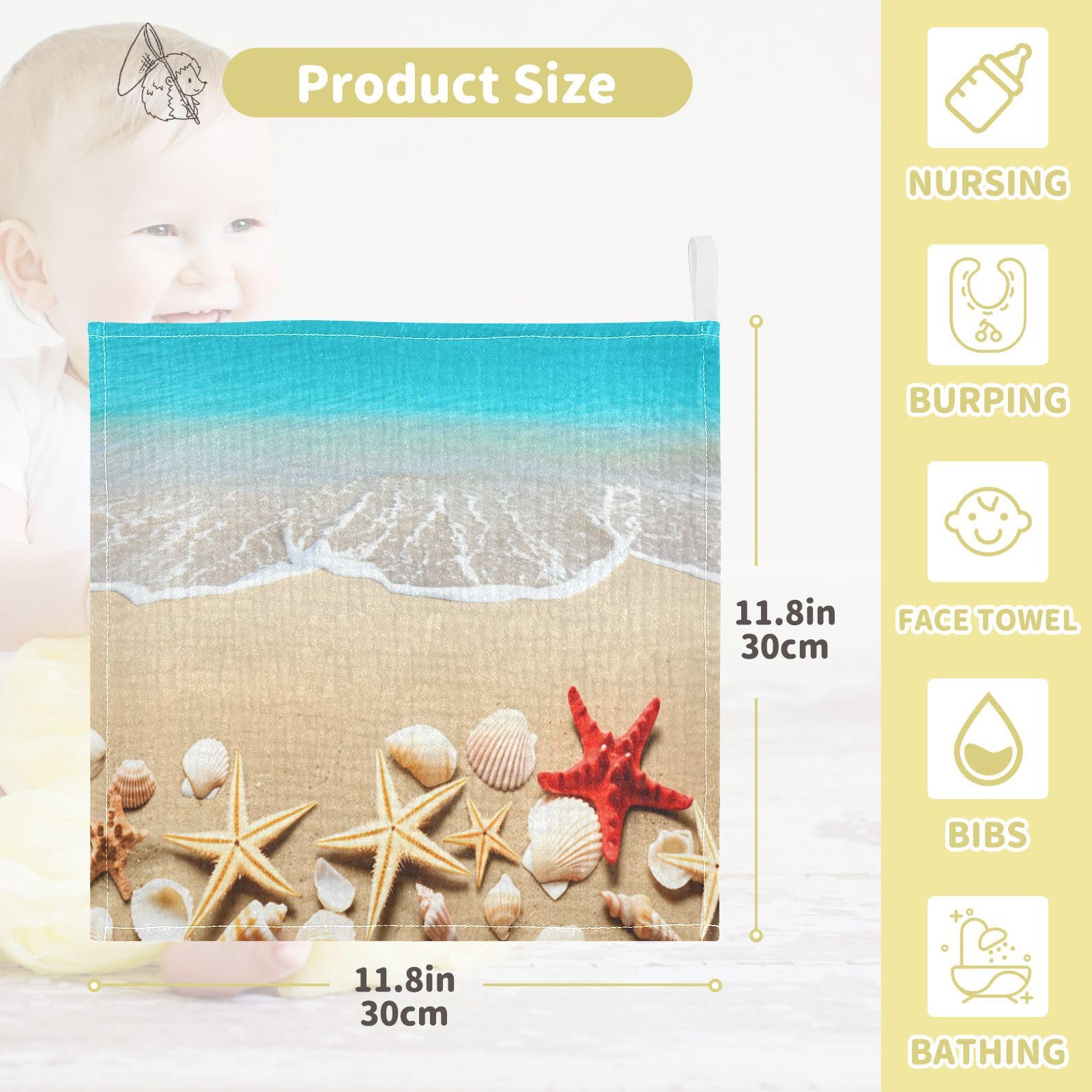 Kigai Beach Starfish and Shells Baby Washcloths,5pcs Ultra Soft Absorbent Towel,Newborn Bath Face Towel, Natural Reusable Baby Wipes for Sensitive Skin, Baby Registry as Shower