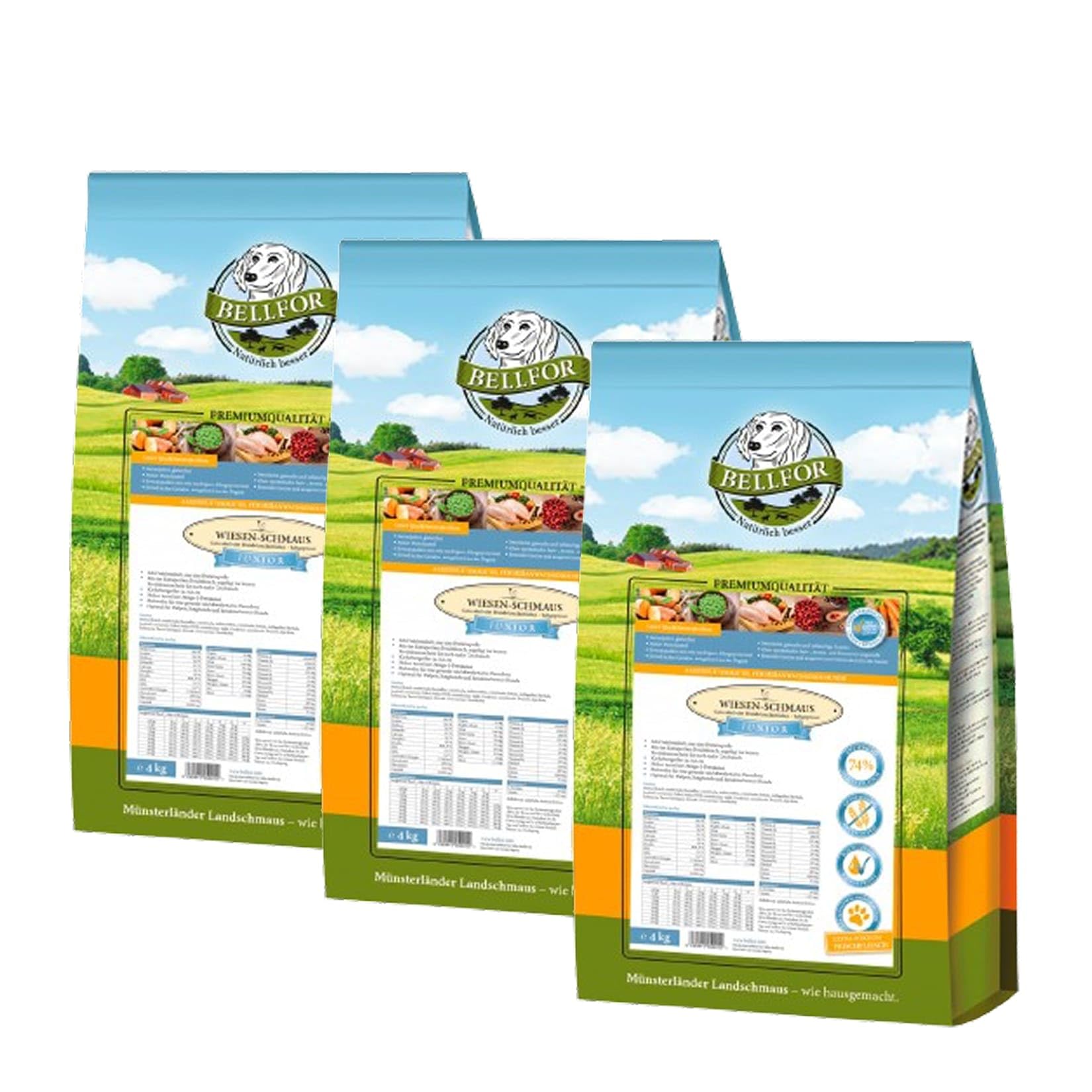 Bellfor Wiesen-Schmaus Junior - Comida seca prensada en frío para cachorros y perros jóvenes con pollo, sin cereales, 3 x 4 kg (12 kg). Comida para cachorros con alto contenido de carne para razas
