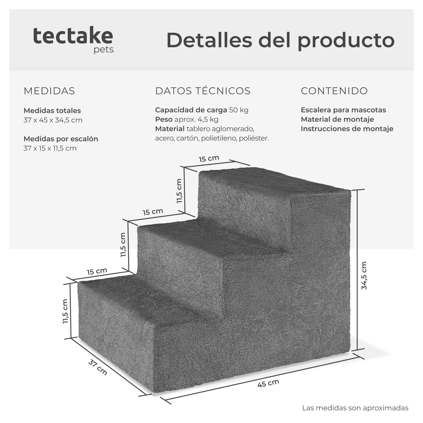 tectake® Escalera para Mascotas Muy Estable y Ligera 34,5 cm, Escalera para Perros y Gatos, Escalera Perro Cama, Cubierta Súper Suave y Antideslizante, Materiales Robustos para Durabilidad - Gris