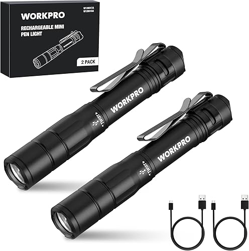 WORKPRO Luz recargable para bolígrafo, mini linterna, paquete de 2 linternas EDC ultracompactas, linterna de bolsillo con clip, función de memoria y