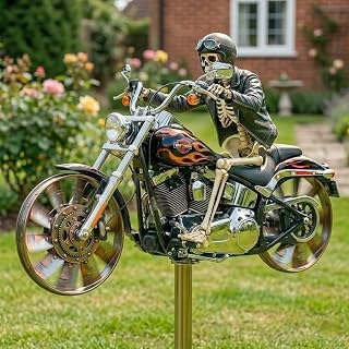 Flame Skull Motorcycle Wind Spinner, Rotating Wheels Windmill Stake with Metallic Paint, Weather Resistant Resin Garden Sculpture, Unique Outdoor Decor Ornament Gift for Biker Lovers and Halloween