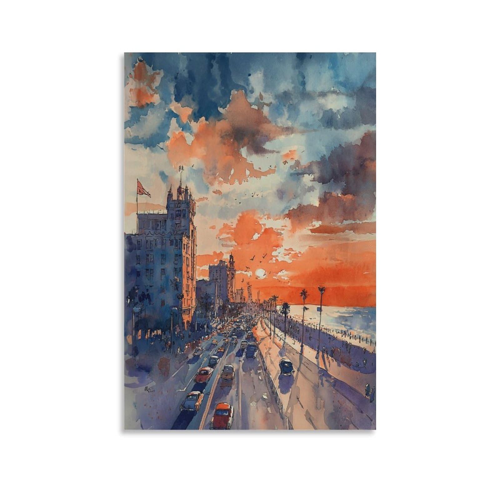 Cnaheiz Unframe-Style San Diego Watercolor Painting_ California Surf Art Print 24X36inch(60X90cm) Vintage Watercolor Canvas Art