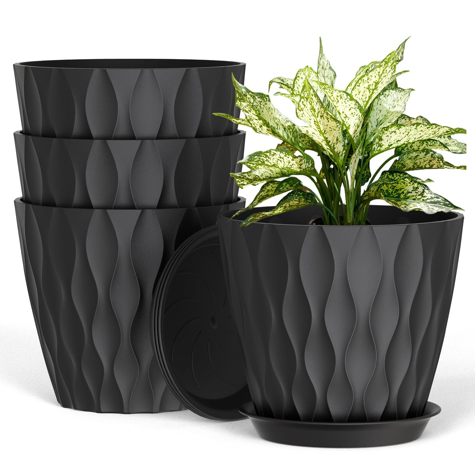8 Inch Plant Pots, 4 Pack Plastic Planters for Indoor Outdoor with Drainage Holes & Saucers, Waffle Texture Flower Pots for Indoor Plants, Indoor Plant Pots for Monstera, Fiddle Leaf Fig, Black