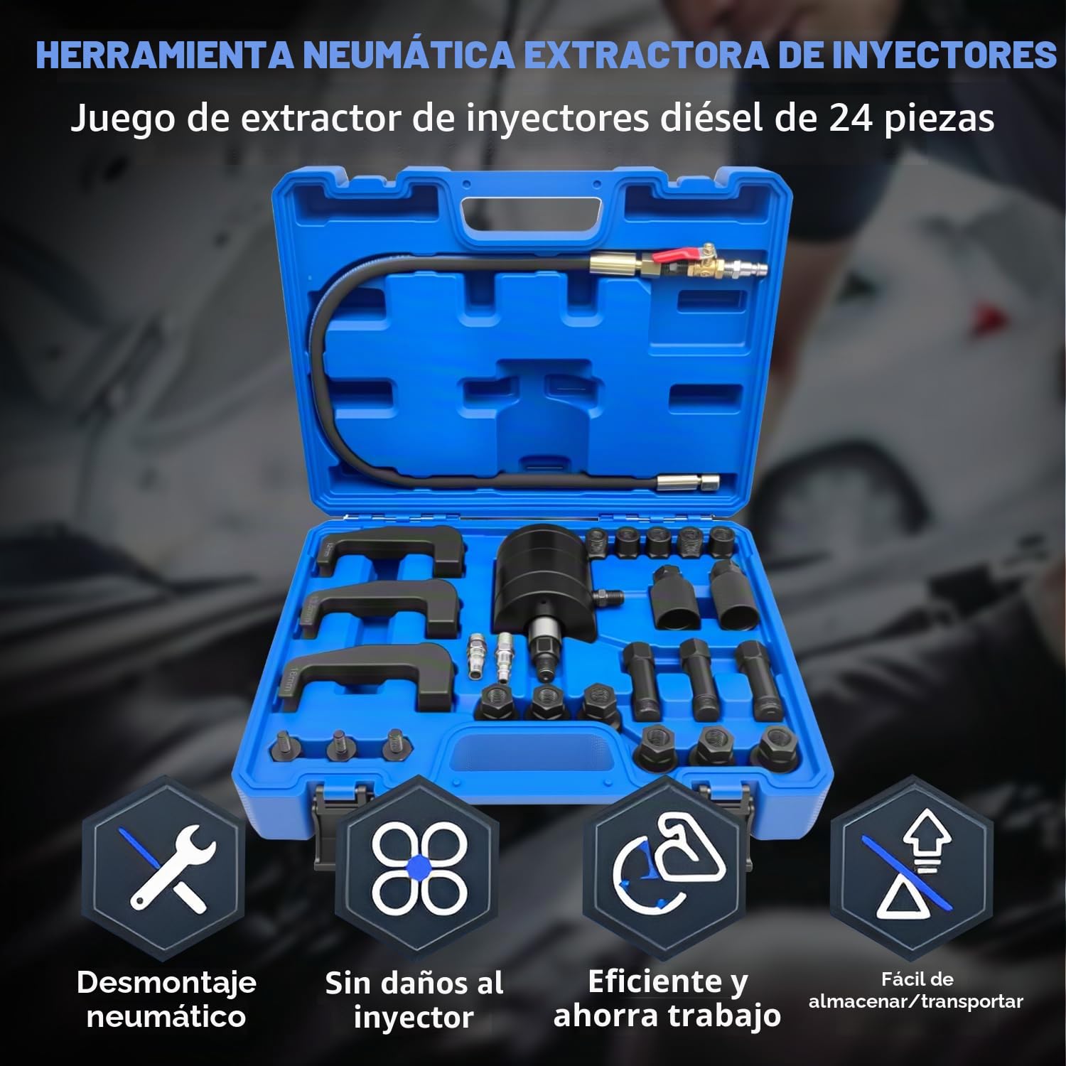 ZKTOOL 24 Piezas Extracción de Inyectores Diésel Neumáticos, Herramienta de Extracción de Inyectores Diésel por Vibración Neumática, con 19 Adaptadores, Conectores de EE. UU. y UE y Mango de Mano