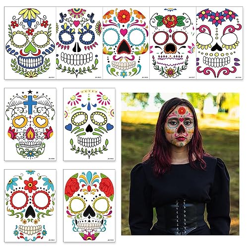 10 hojas de tatuajes temporales del Día de los Muertos Dia de los Muertos, calcomanías temporales de tatuajes de cactus, guitarra, calavera,