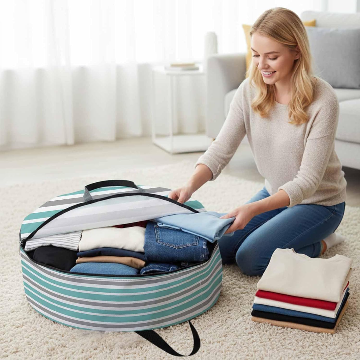 Cyan Turquoise Round Storage Bag 36 Inch, Gray White Geometric Stripes Clothes Storage Container with Handles Heavy Duty Organizer for Comforter, Bedding & Holiday Wreaths