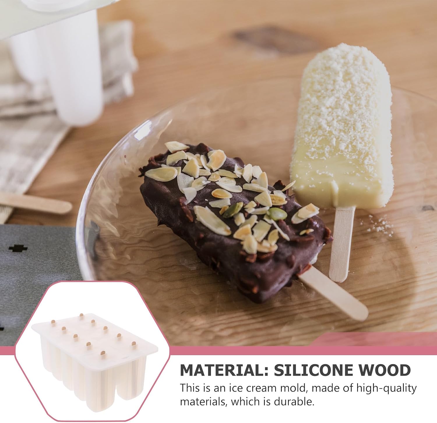 SEWACC DIY Ice Cream Mold Cavity Silicone Tray and Natural Wood Sticks Reusable Cold Pop Maker for Water Milk Fruit Mixes and Demold