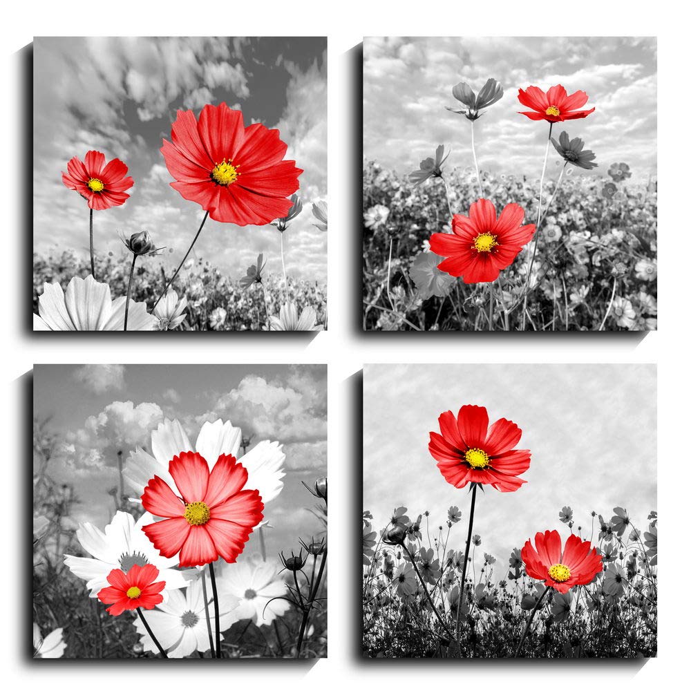 Modern Abstract Red Cosmos Flower Wall Art - Flickering Flower Landscape Grass Sky Nature Artowrk Print on Canvas for Home Office Bar Decor (12x12in Small, Red)