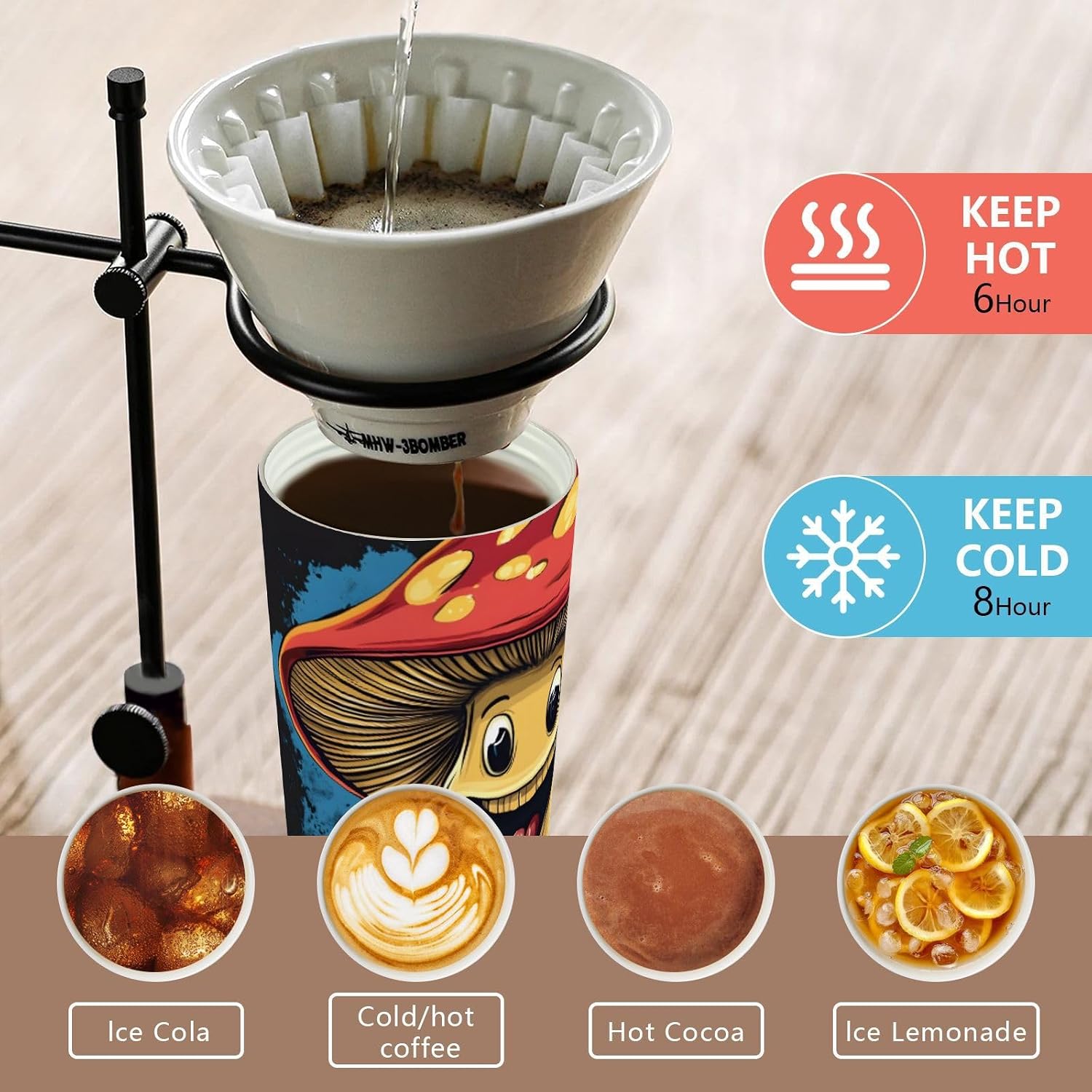 Mushroom Cute Red Insulated Coffee Mug with Straw & Flip Lid, 16.9oz Iced Tumbler Cup, Double Wall Vacuum Leak-Proof Mug for Travel Office