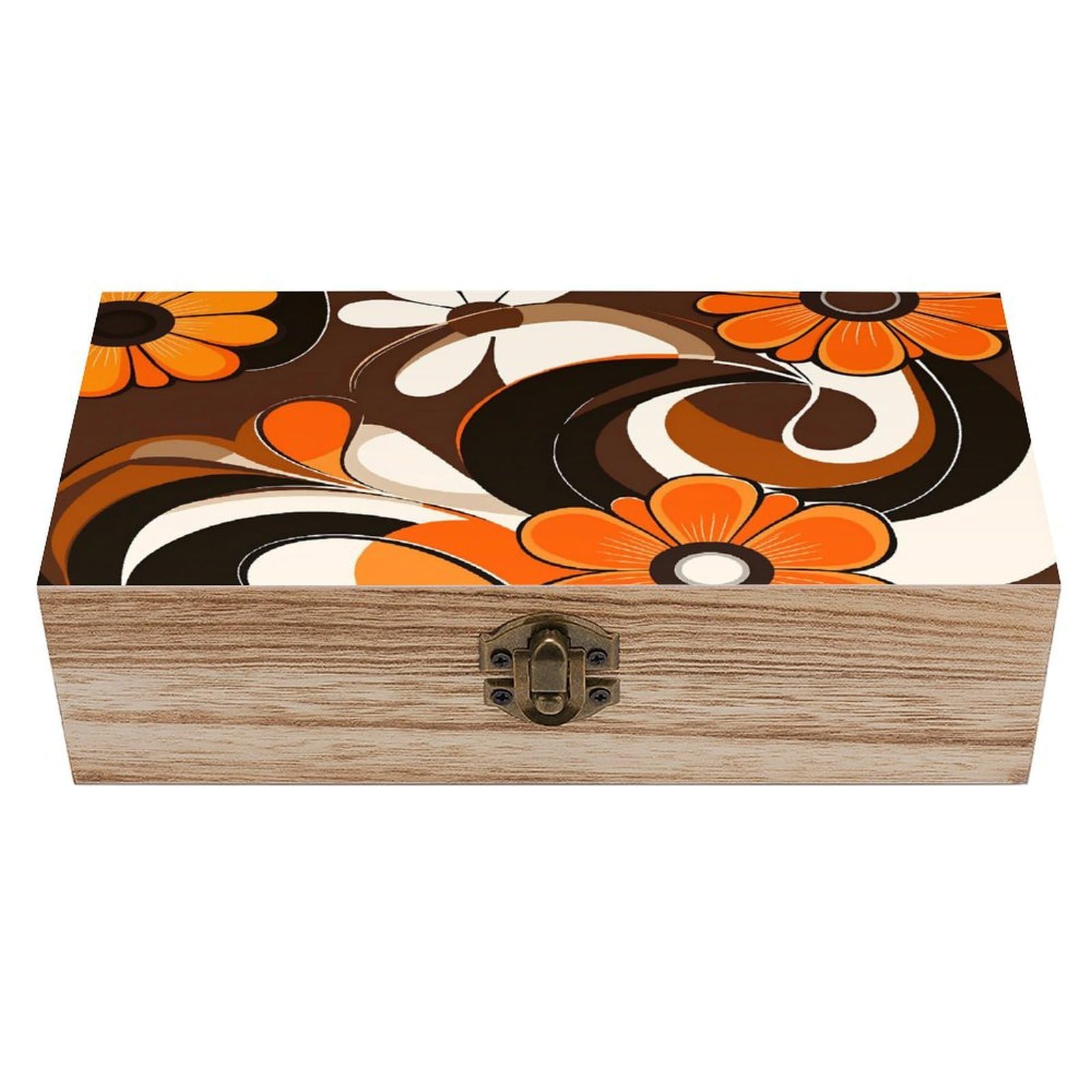 HLBSDM Orange Brown Floral Swirl Vintage Wooden Keepsake Box with Hinged Lid And Locking Clasp, Decorative Storage Box for Jewelry, Trinkets And Small Accessories, Organizer for Home Or Wedding