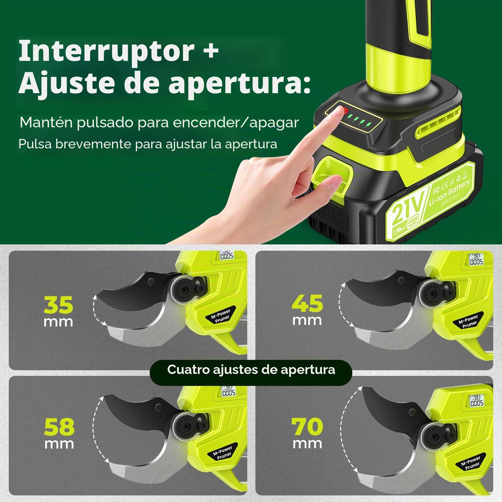 Tijeras de Podar Electricas, 60mm Tijeras de Podar Bateria 4000 mAh, 1200W Motor sin Escobillas, Hoja SK7, 4 Tamaños de Apertura 35-70mm, Profesional Tijeras de Podar para Huertos, Jardines, Granjas