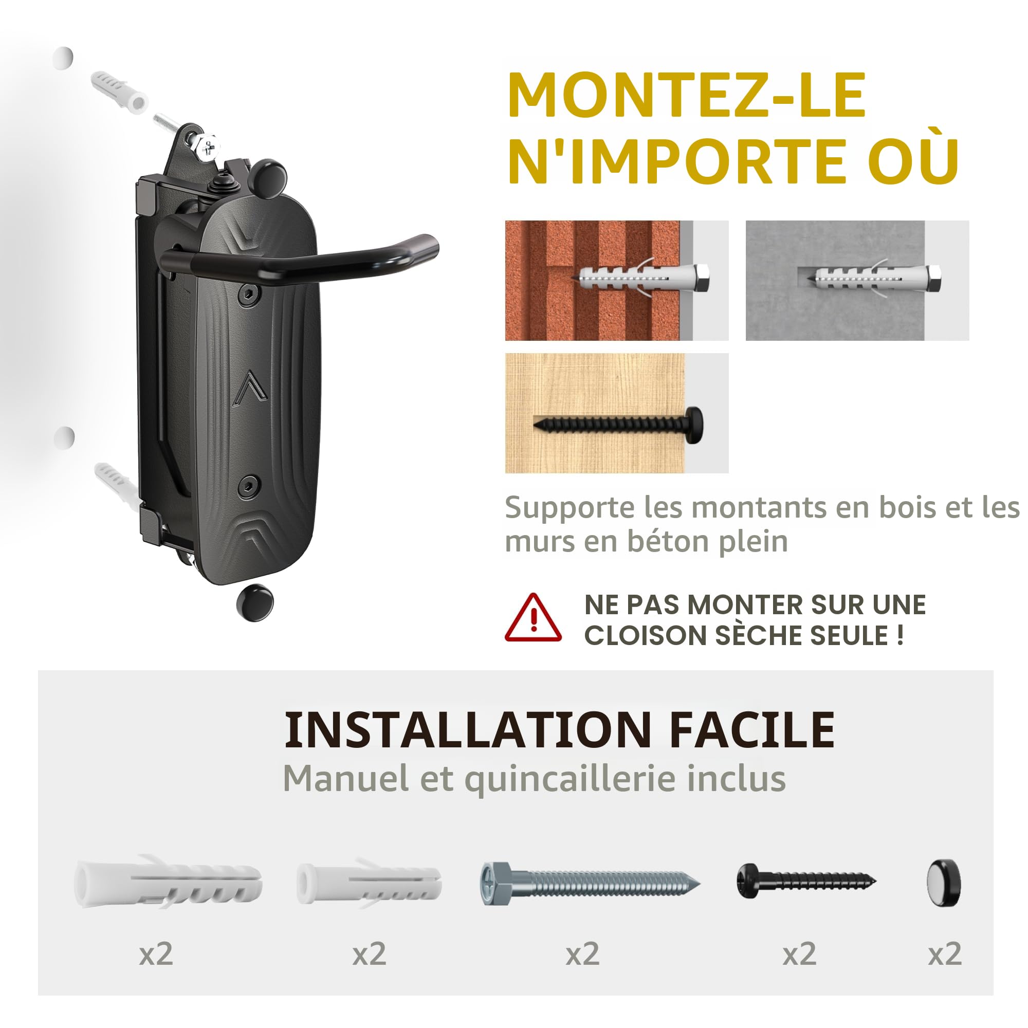 monTEK Lot de 2 supports muraux pivotants pour vélo, cintres pour garage, support mural pour vélo, économiseur d'espace, support vertical pour vélo pouvant supporter jusqu'à 30 kg
