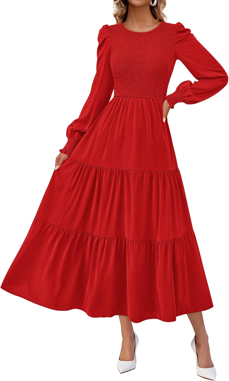 KIRUNDO Spring Dresses for Women 2026 Long Sleeve Maxi Wedding Guest Smocked Crew Neck Empire Waist A Line Flowy Long Dress