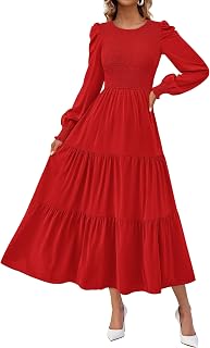Fall Dresses for Women 2025 Long Sleeve Maxi Wedding Guest Smocked Crew Neck Empire Waist A Line Flowy Long Dress