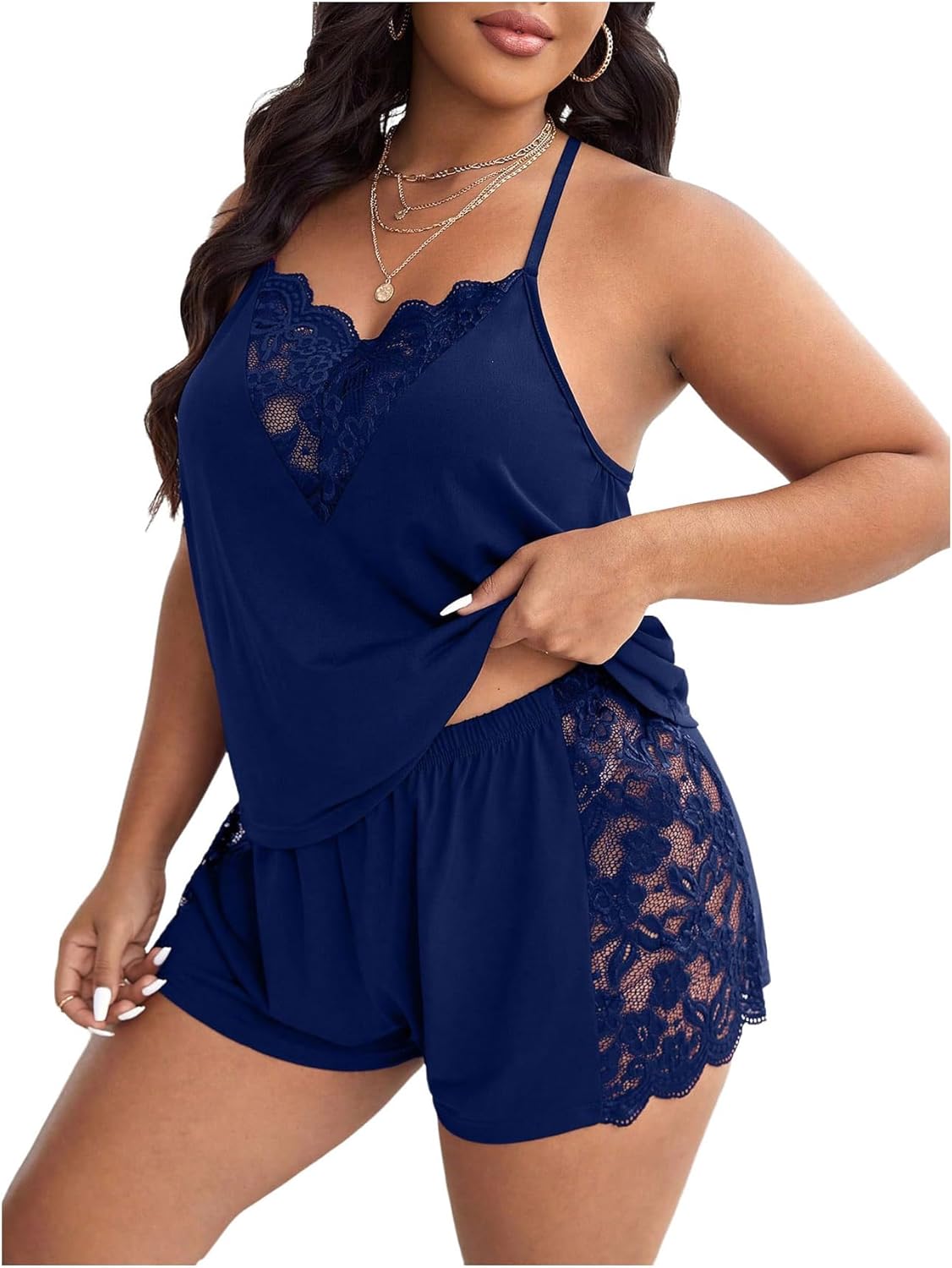 OYOANGLE Women's Plus Size 2 Piece Pajama Set Floral Lace Cami Tank Top and Shorts Set Sleepwear