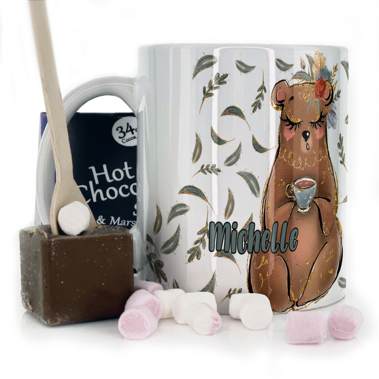 Hairyworm Personalised Mug and Belgian Milk Chocolate/Hot Chocolate Stirrer Marshmallow Gift Set, Custom (11oz) White Mug Customised with Name, Autumn Leaf Flower Bear Mug