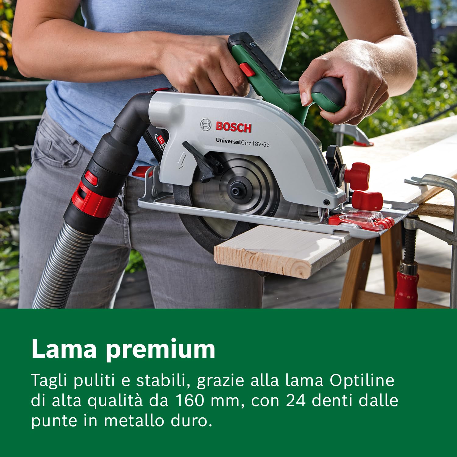 Bosch Sega circolare a batteria UniversalCirc 18V-53 (taglio preciso nel legno; profondità di taglio max. 53 mm; 18 Volt System; 1 batteria da 2,5 Ah e caricabatteria)