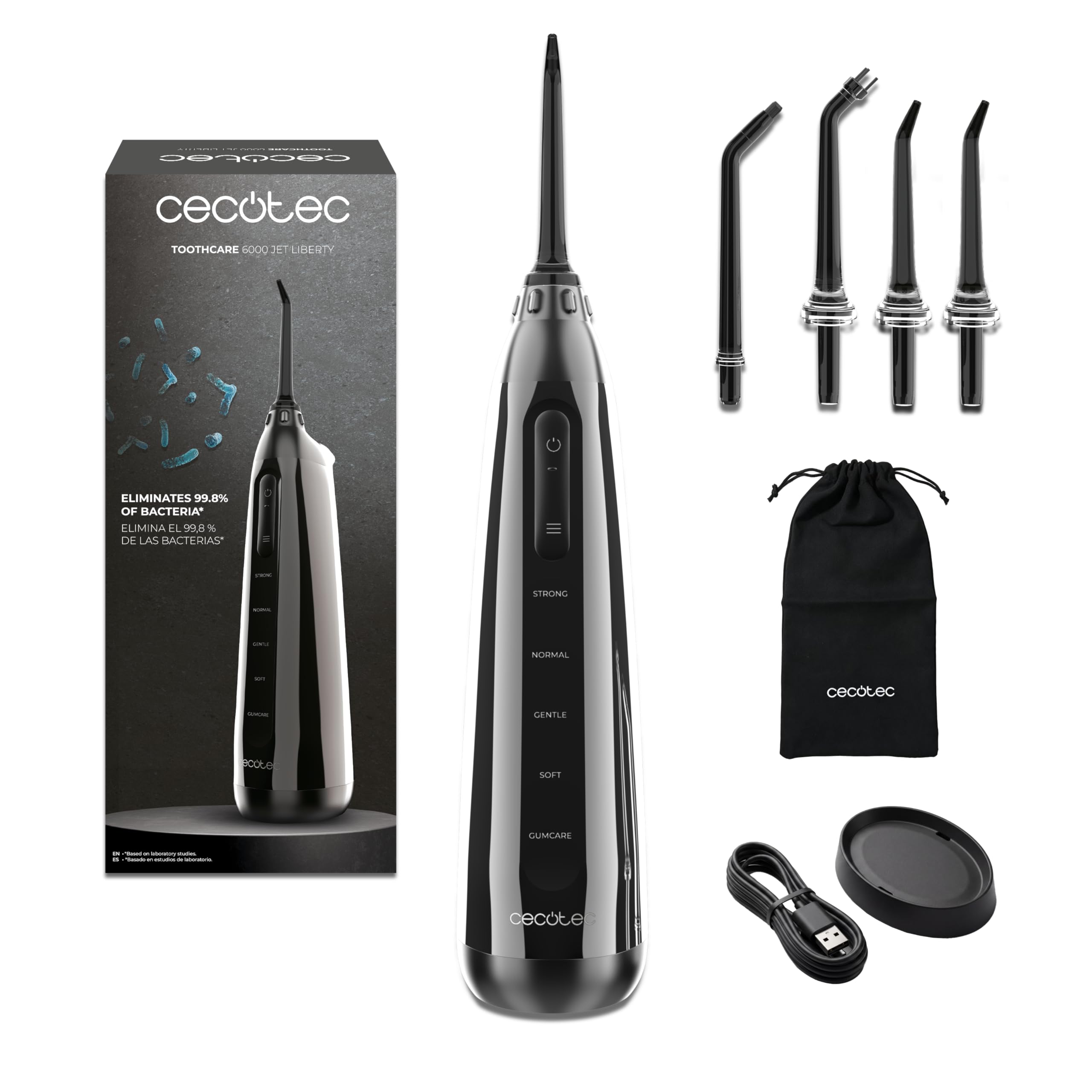 Cecotec Irrigador Bucal Portátil ToothCare 6000 Jet Liberty. Irrigador Dental, AutonomÃa 30 DÃas, Tanque 180ml, Presión Ajustable 30-80 PSI, Cabezales Magnéticos, Frecuencia Pulso 1500 veces/min, IPX7