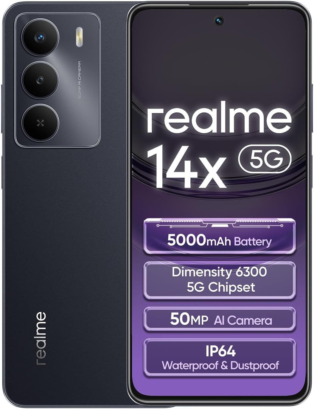 realme 14x Smartphone 5G 8+256 Go, Noir, Écran 6,67 pouces, Écran 120 Hz, Batterie 5000 mAh, Caméra AI 50MP, MediaTek Dimensity 6300, Protection ArmorShell, IP64