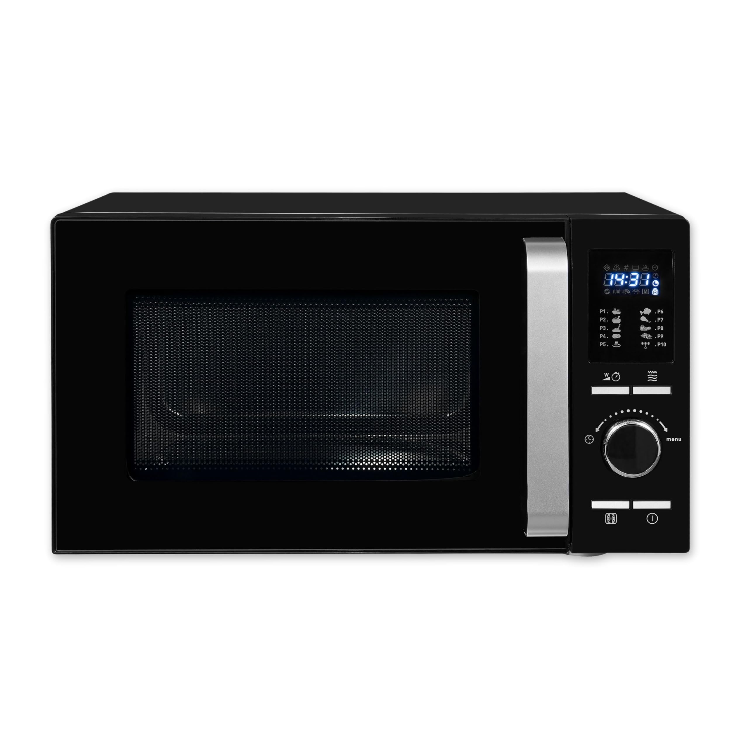 Exquisit Mikrowelle mit Grill und Heißluft - 25 Liter, 900 W | 27 cm Drehteller, 11 Leistungsstufen, 10 Automatikprogramme, Kindersicherung, elegantes Schwarz-Design