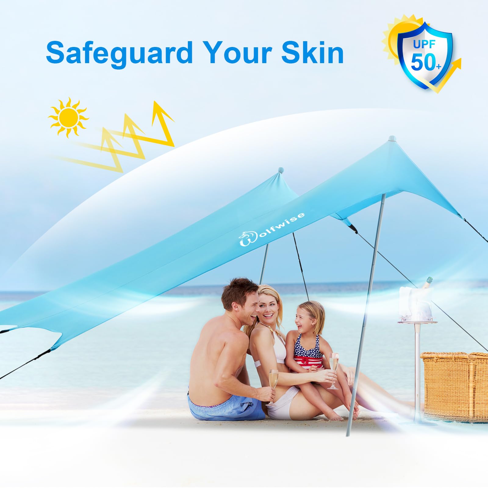 WolfWise Protection Solaire UPF50+ avec Pelle à Sable, Tente de Plage Familiale de 2.3 x 2.3 m, pour 2-6 Personnes, Facile à Installer, Imperméable et Résistante au Vent, Bleue, Large