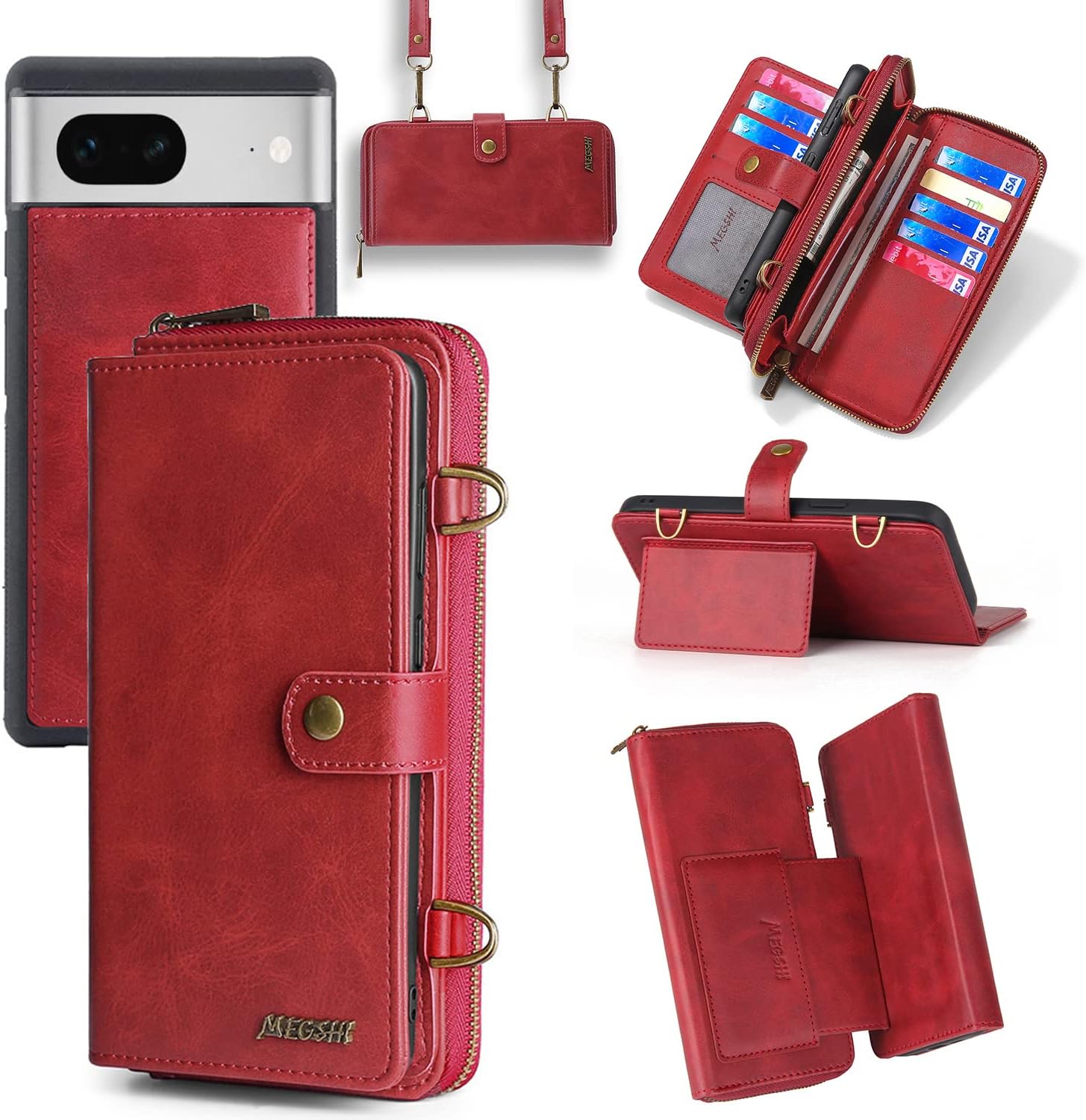 Compatible with Google Pixel 7 5G Wallet Case Crossbody Shoulder Strap Stand Leather Card Holder Multi-Function 2in 1 Detachable Magnetic Cell Accessories Phone Cover for Pixel7 Pixle Seven Women Red