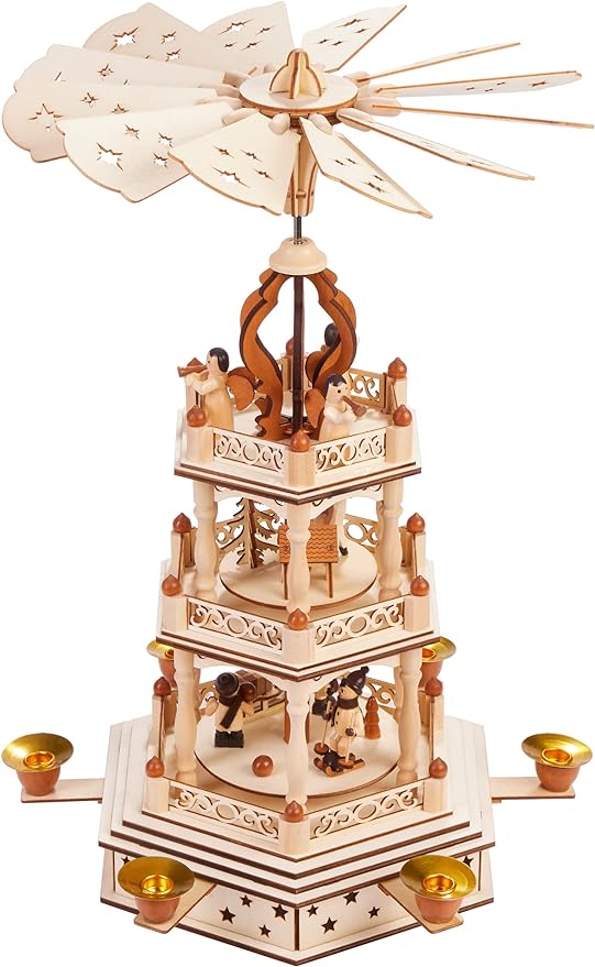 Christmas Pyramid - 18 Inches - 3 Tier Carousel - Wooden Rotating Christmas Decoration Nativity Play - Hand-Painted Figures - Designed in Germany