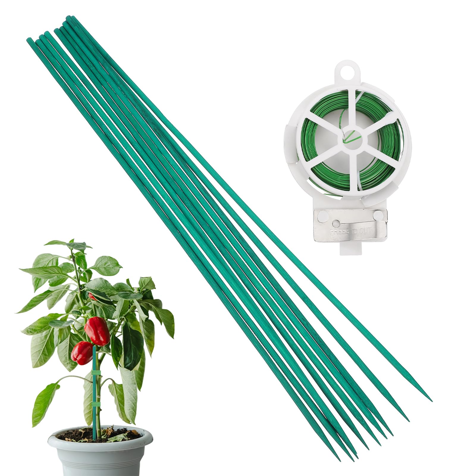 sourcing map 10Pcs Garden Wood Plant Stakes, 0.2" x 17.72" Gardening Bamboo Sticks, Floral Plant Support Stakes with 65.62Ft PVC-coated Wire for Indoor Potted Plants, Green
