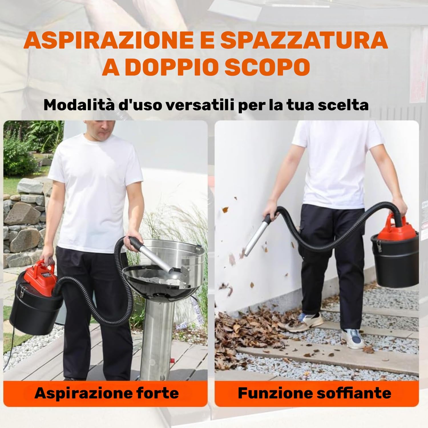 Bidone Aspiracenere Senza Sacco 800W 18LT con filtro HEPA Potenza di Aspirazione 16 KPA Tubo da 1,3 mt Becco in Alluminio Aspira Cenere per Camino Stufa a Pellet Barbecue con Funzione Soffiante