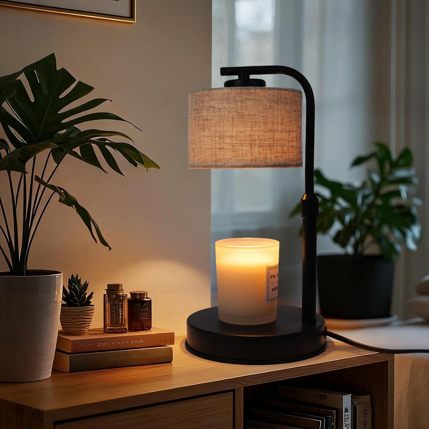 Candle Warmer Lamp with Timer,2 Bulbs, Metal Base and Adjustable Height Fabric Shade Candle Warmer Lamp for All Jar Candles, House Warming Decor Gifts, French Gold (Metal)