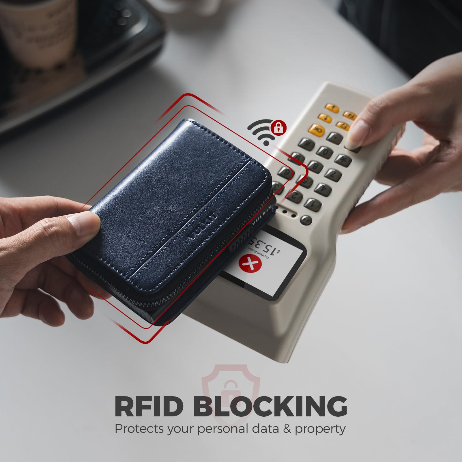 VULKIT Herrengeldbörse mit großer Kapazität aus Metall, RFID-blockierend, für mehr als 15 Karten, Geldscheinfächer, Ausweisfenster, Reißverschlusstasche für Münzen, marineblau, 10.3 × 7.4 × 3.3 cm