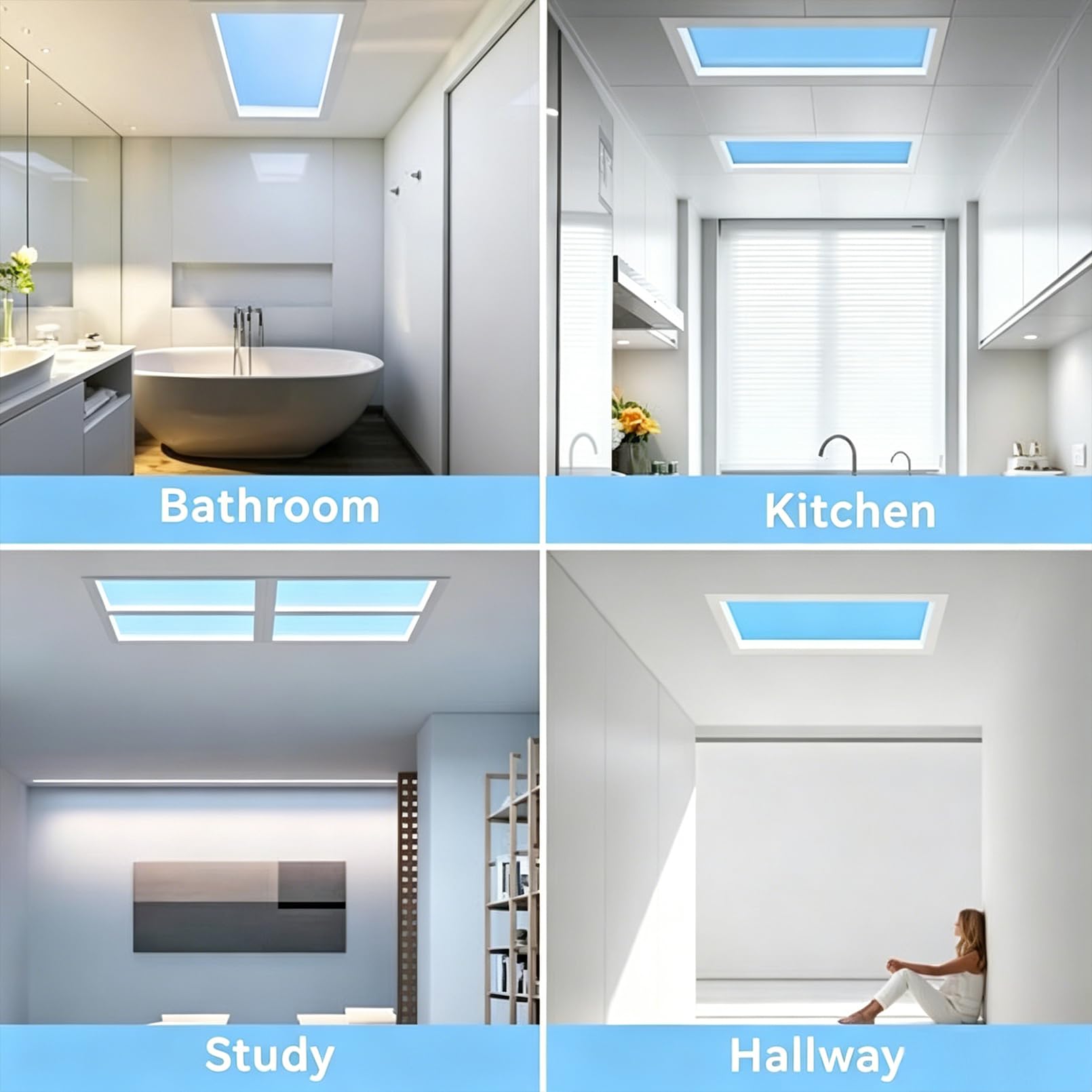 Panel De Luz De Ventana Falsa con Control Remoto, Lámpara De Techo LED Inteligente Luz Azul del Cielo Que Simula El Efecto De La Luz Natural, Atenuación Continua, para Áreas Sin Ventanas, Oficina
