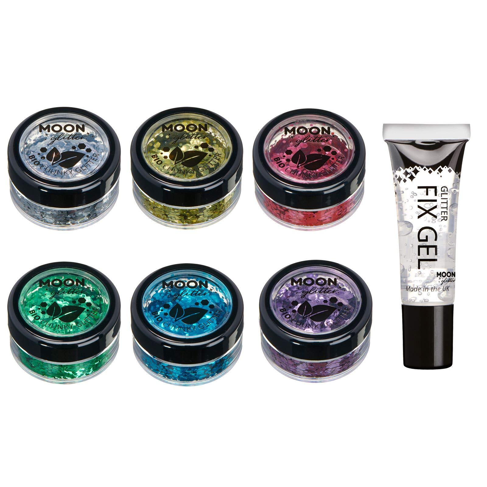 Biodegradable Eco Chunky Glitter by Moon Glitter - 100% Cosmetic Bio Glitter for Face, Body, Nails, Hair and Lips - 3g Set of 6 - plus Glitter Fix Gel