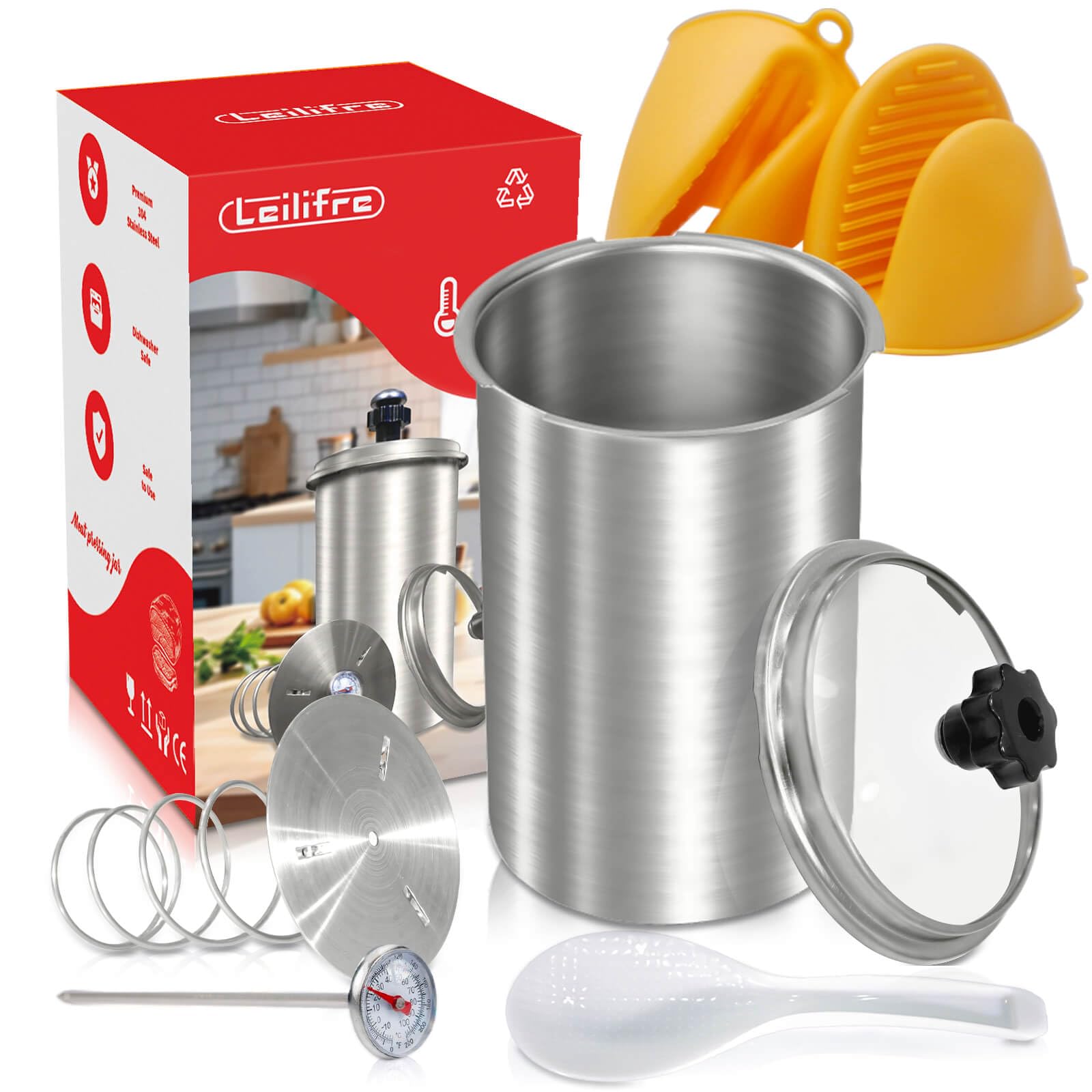 Meat Press Mold for Deli Meats, Lunch Meat Press for kitchen, Ham Press with Glass Lid, Hand Meat Press Sandwich, Lunch Meat Press Maker with Meat Spoon, Cooking Thermometer, Silicone Gloves