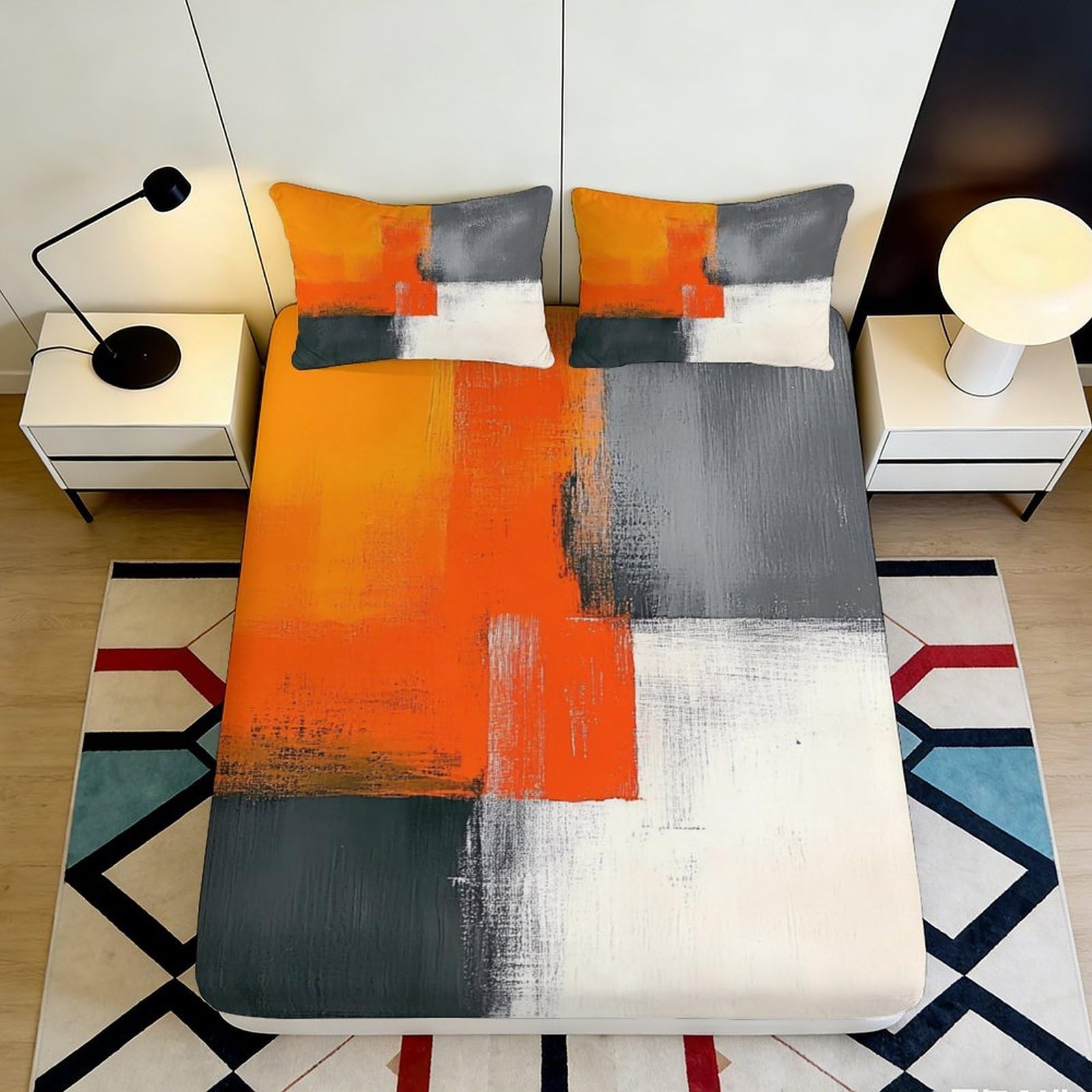 3D Printed abstract orange grey Fitted Sheet, Microfiber soft touch, guest room bedding, wrinkle resistant, stylish decor accent, easy to remove, dustproof 160x200x25cm