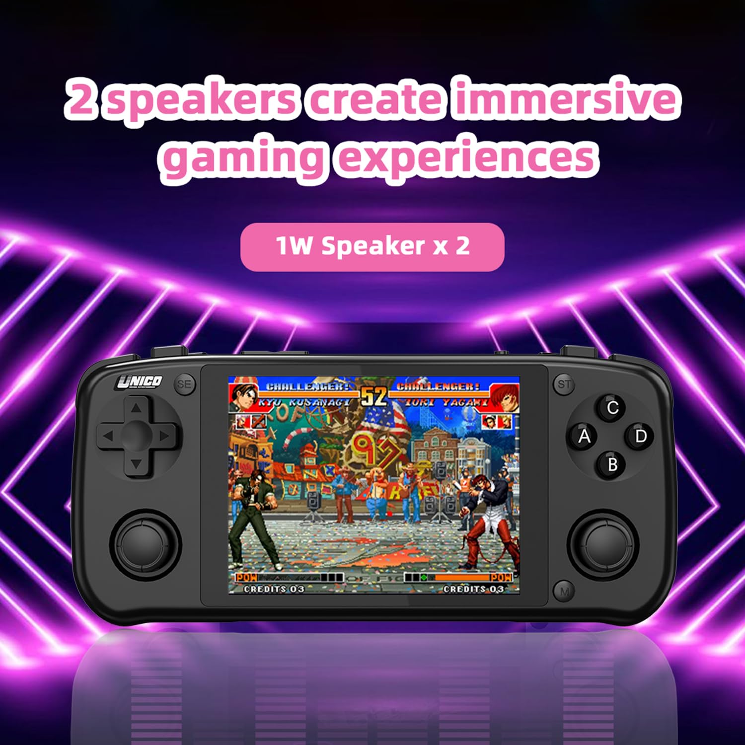 UNICO Consola de juegos portátil, 40 juegos clásicos de SNK preinstalados, incluyendo King of Fighters, Metal Slug, etc., pantalla IPS de 4 pulgadas, resolución 720 x 960, batería de 3500 mAh - Negro